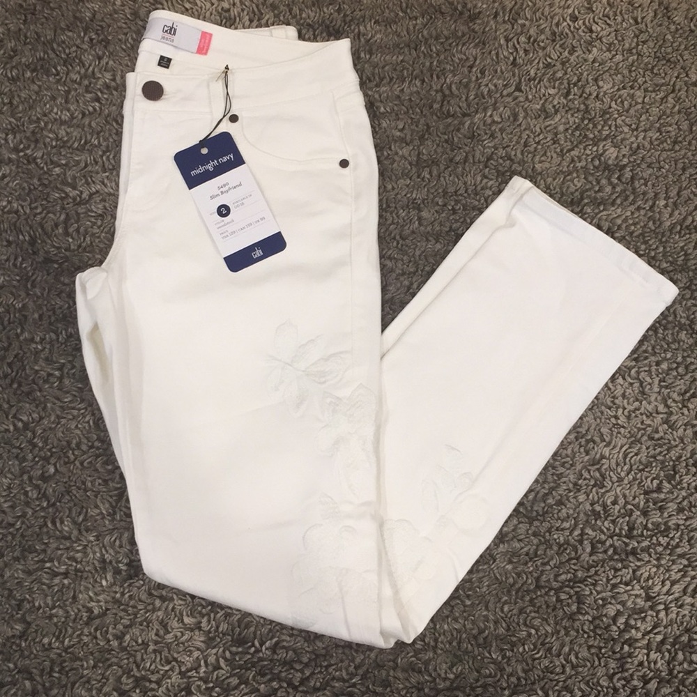 CAbi Slim Boyfriend White Appliqué Jean